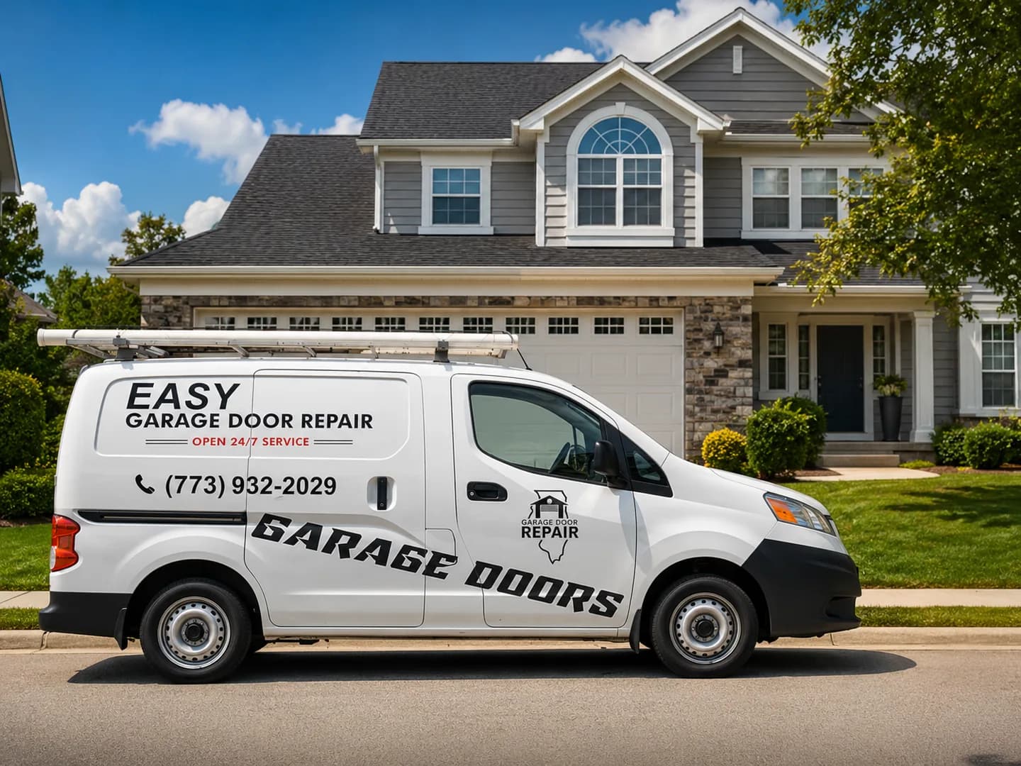 Easy Garage Door Repair service van parked outside a suburban home with the garage door closed